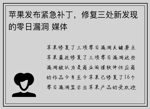苹果发布紧急补丁，修复三处新发现的零日漏洞 媒体